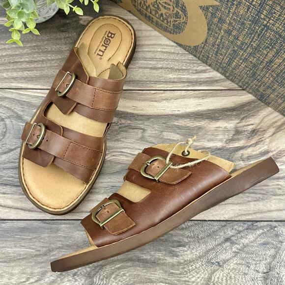 Born Shoes - NIB Born Henna 7M Comfort Brown Leather Slide Sandals